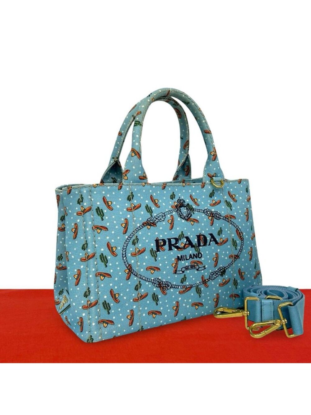 Prada Canapa Canvas 2-Way Shoulder Bag Mini Tote Blue